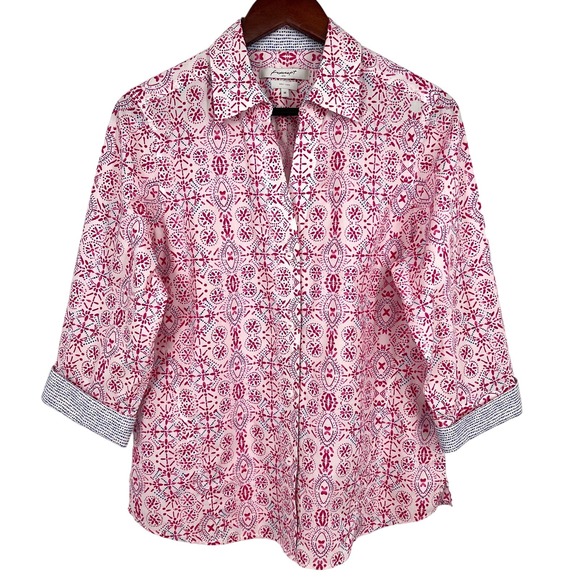 Foxcroft Tops - Foxcroft Easy Care Womens Sz Medium Pink White Summer Blouse Shirt Top Tropical